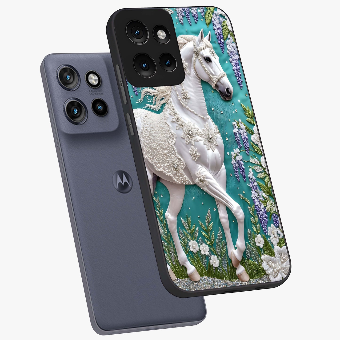 Majestic Floral Stallion Glass Case displayed in angled mockup highlighting majestic stallion illustration with elegant floral aesthetic.