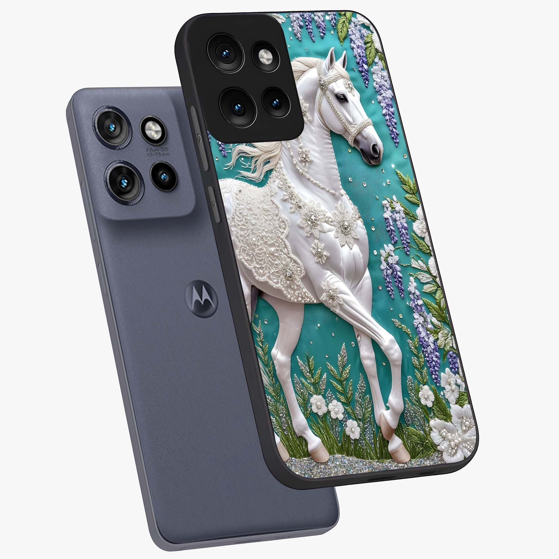 Majestic Floral Stallion Glass Case displayed in angled mockup highlighting majestic stallion illustration with elegant floral aesthetic.