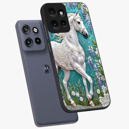 Majestic Floral Stallion Glass Case displayed in angled mockup highlighting majestic stallion illustration with elegant floral aesthetic.
