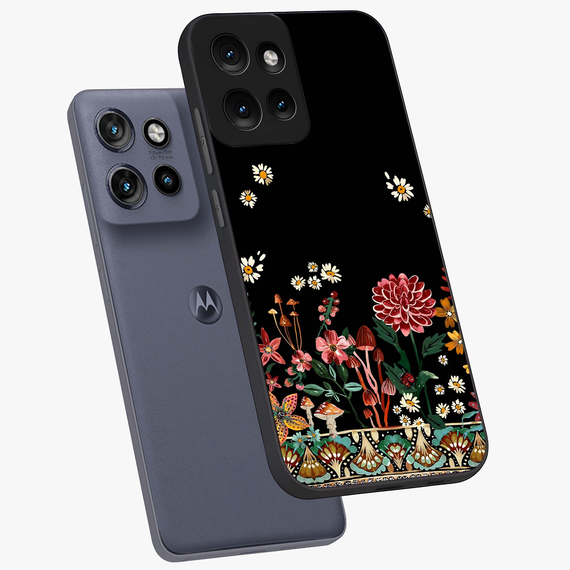 Midnight Bloom Pattern Glass Case displayed in angled mockup highlighting elegant flower design with midnight aesthetic style.