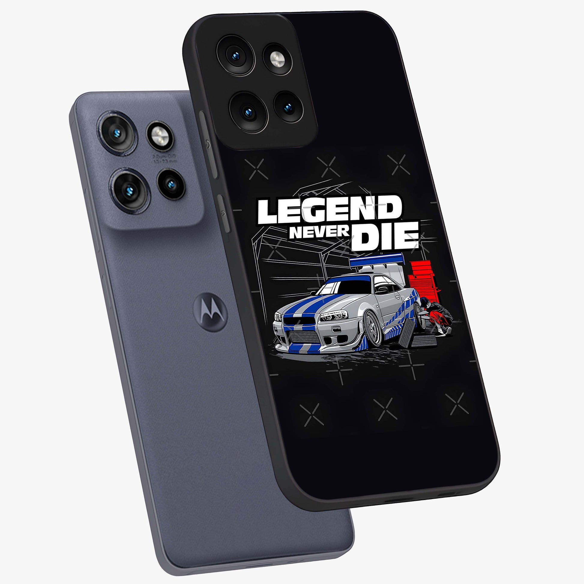 Midnight Racing Legacy Glass Case displayed in angled mockup highlighting dynamic automotive design with bold midnight aesthetic.