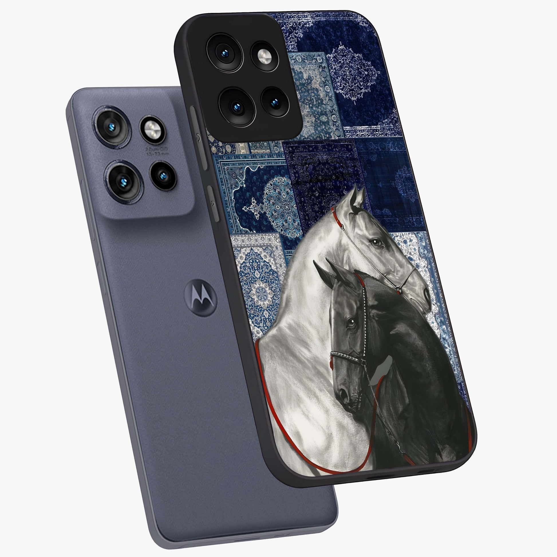 Midnight Stallion Blues Glass Case displayed in angled mockup highlighting powerful stallion illustration with deep midnight tones.