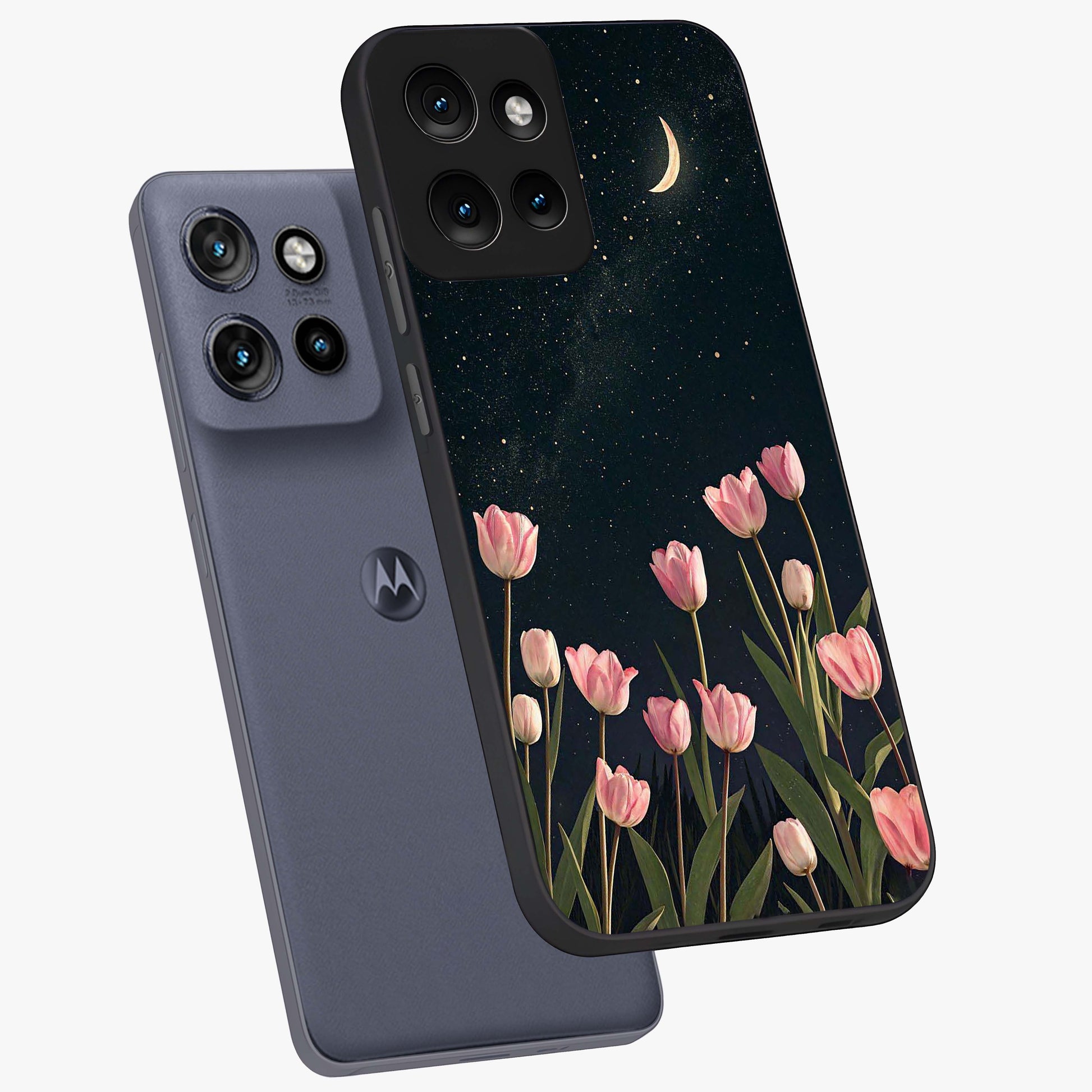 Midnight Tulip Whispers Vibe Glass Case displayed in angled mockup highlighting delicate tulip design with midnight floral aesthetic.