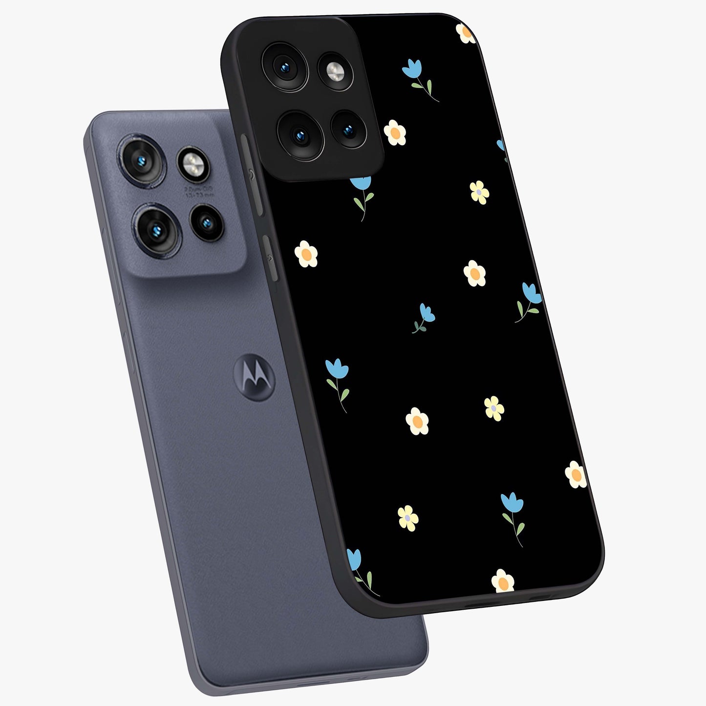 Minimal Petal Whispers Glass Case displayed in angled mockup highlighting delicate petal design with clean minimal aesthetic.