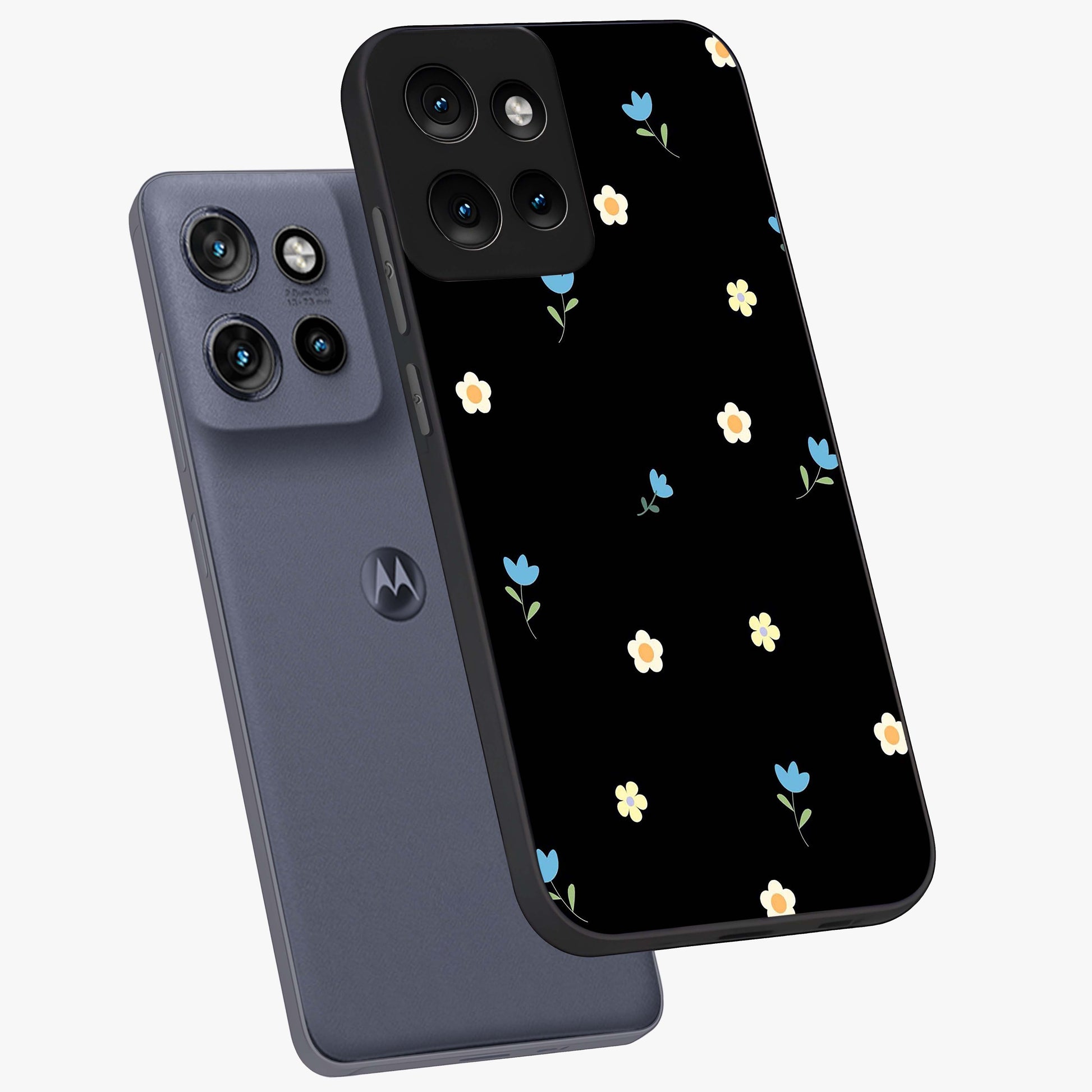 Minimal Petal Whispers Glass Case displayed in angled mockup highlighting delicate petal design with clean minimal aesthetic.