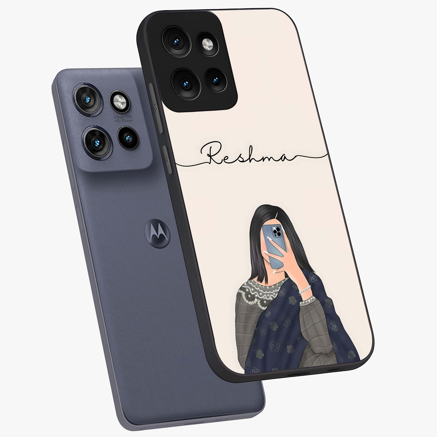 Mirror Mood Muse With Custom Name Glass Case displayed in angled mockup highlighting aesthetic mirror inspired design with custom name feature.