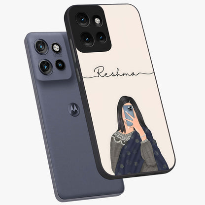 Mirror Mood Muse With Custom Name Glass Case displayed in angled mockup highlighting aesthetic mirror inspired design with custom name feature.