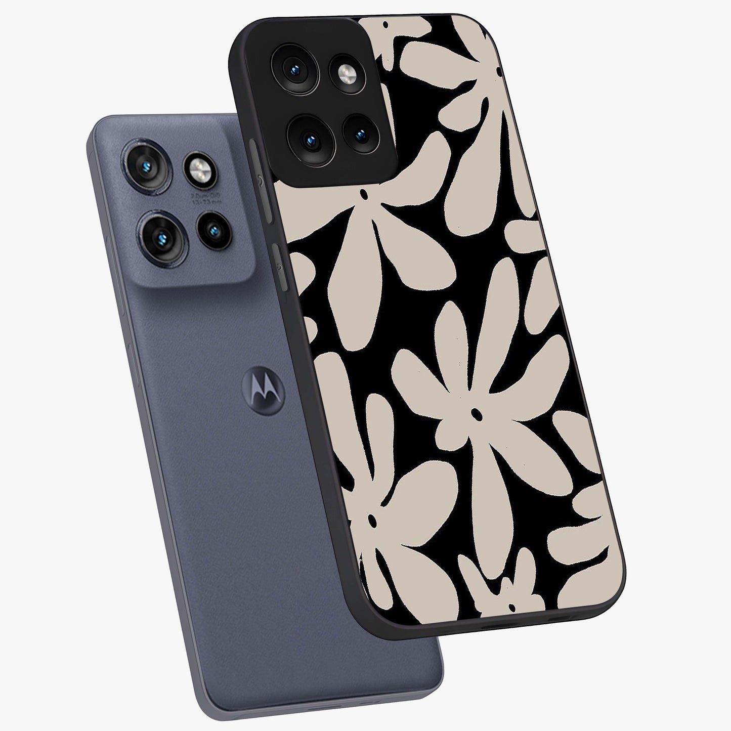 Monochrome Petal Dance Glass Case displayed in angled mockup highlighting elegant petal design with black and white aesthetic.