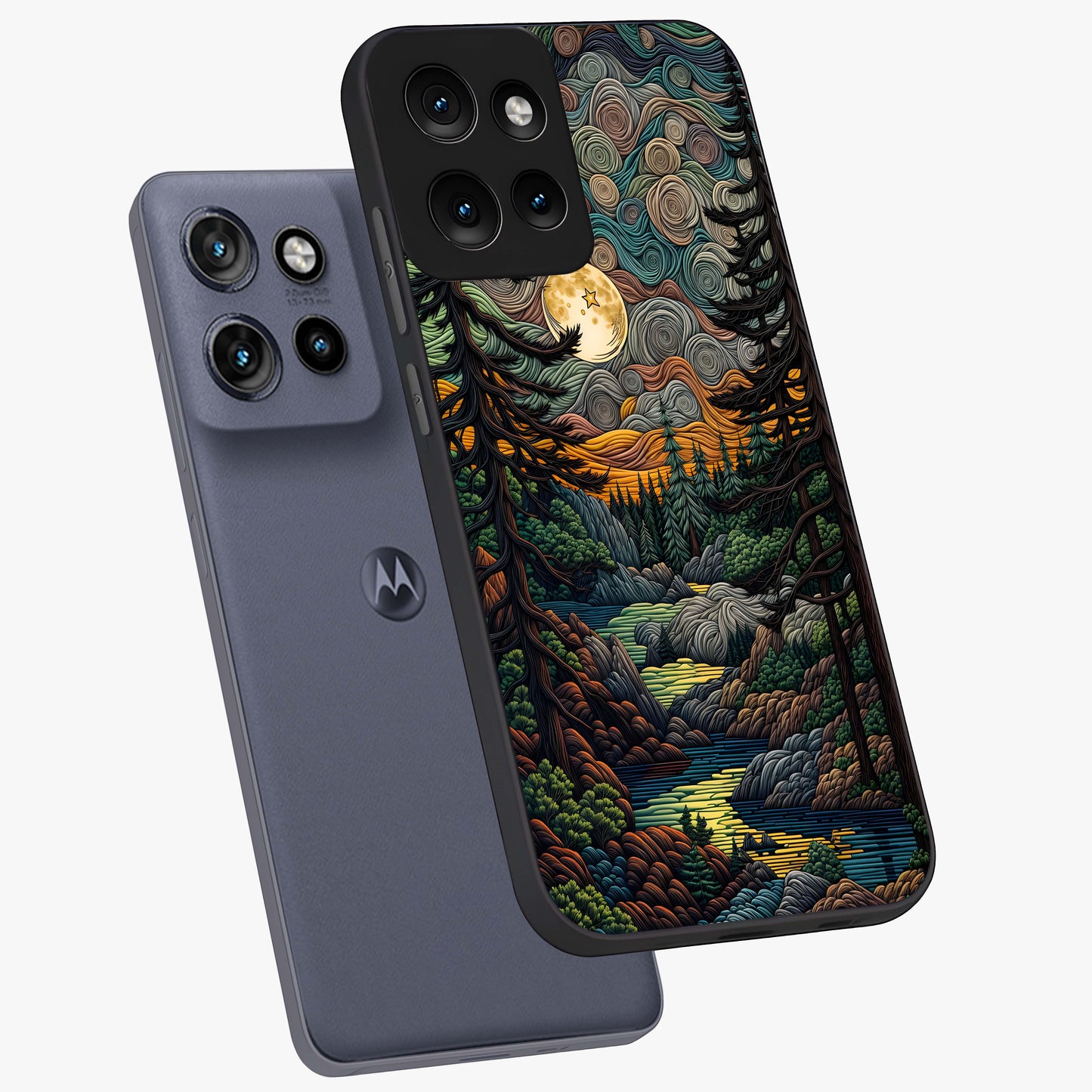 Moonlight Forest Dream Glass Case displayed in angled mockup highlighting dreamy forest design with glowing moon aesthetic.