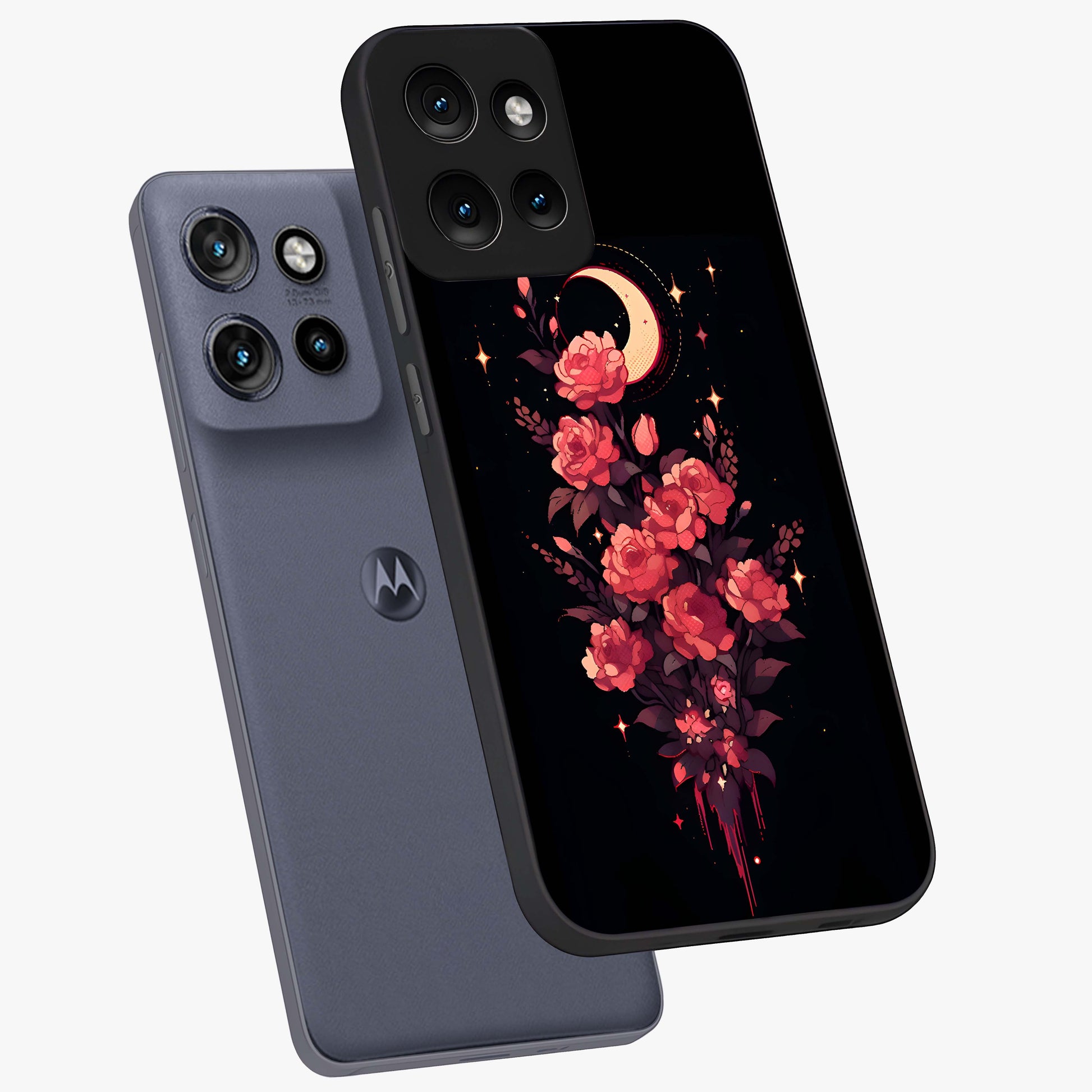 Moonlit Floral Elegance Glass Case displayed in angled mockup highlighting graceful flower design with soft moonlight aesthetic.