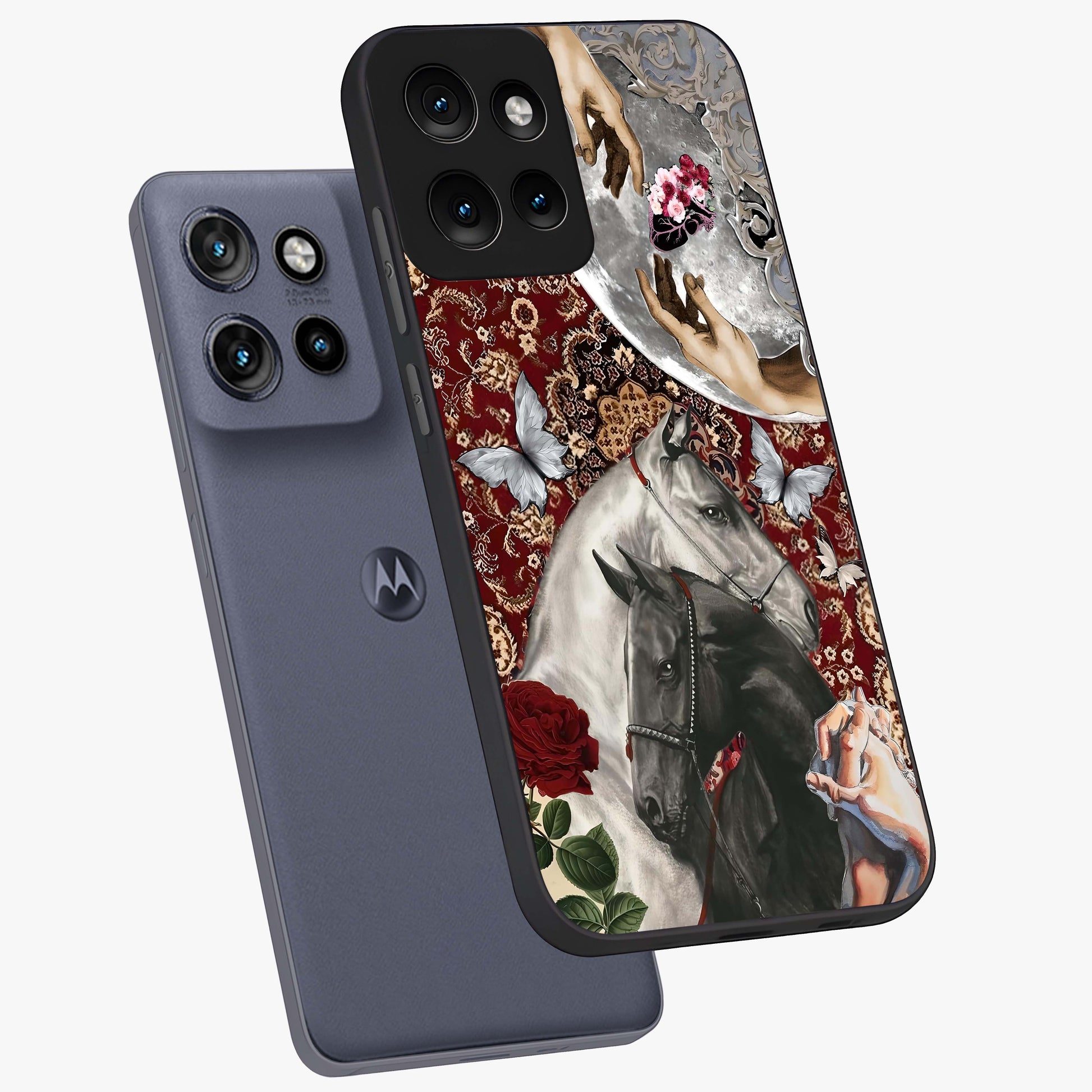 Moonlit Royal Stallion Glass Case displayed in angled mockup highlighting powerful stallion illustration with royal night aesthetic.