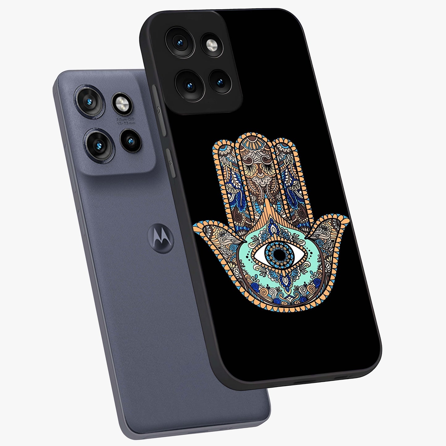 Mystic Hamsa Eye Glass Case displayed in angled mockup highlighting spiritual hamsa symbol with mystical aesthetic style.
