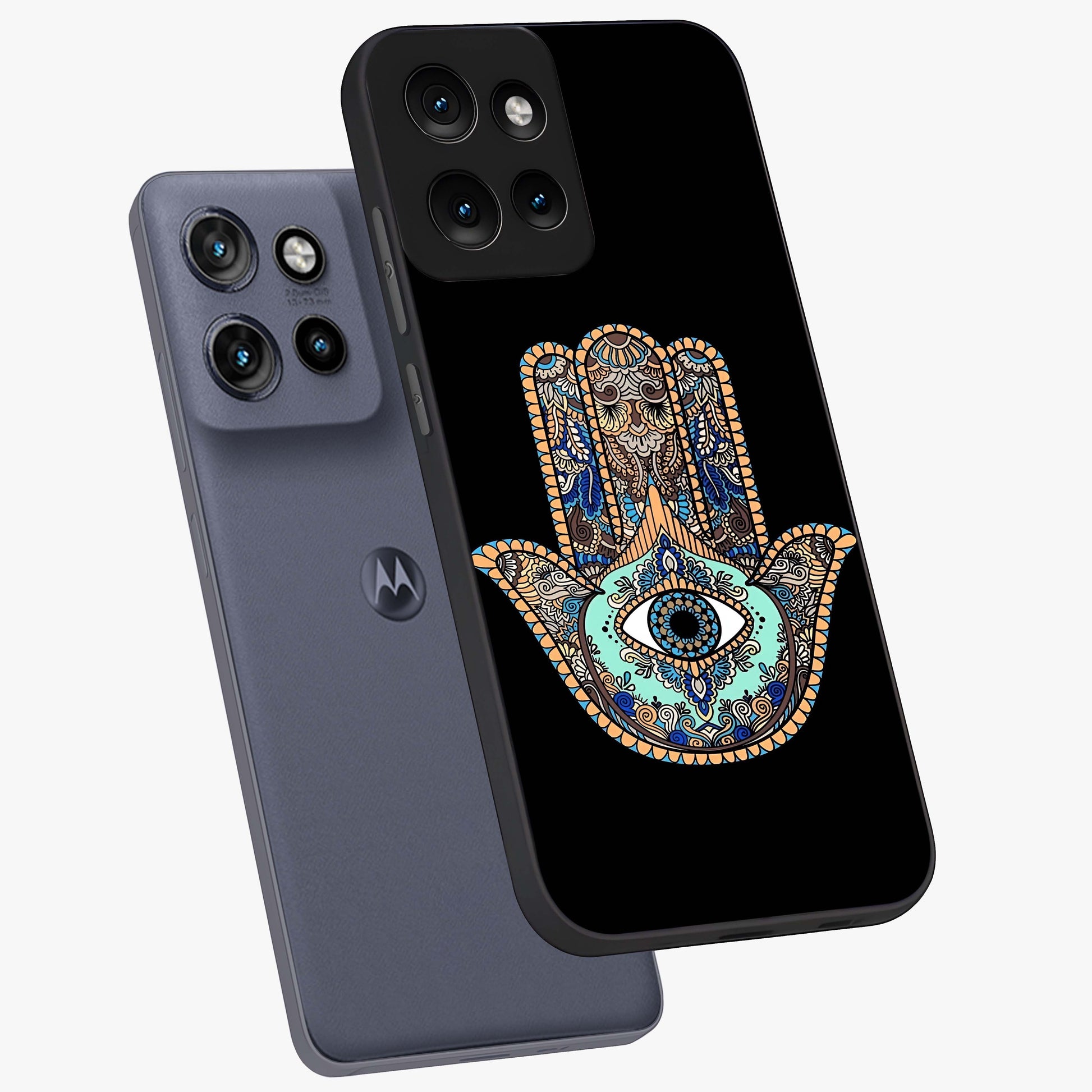 Mystic Hamsa Eye Glass Case displayed in angled mockup highlighting spiritual hamsa symbol with mystical aesthetic style.