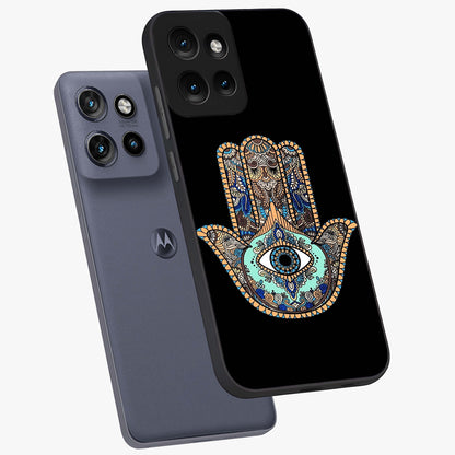 Mystic Hamsa Eye Glass Case displayed in angled mockup highlighting spiritual hamsa symbol with mystical aesthetic style.