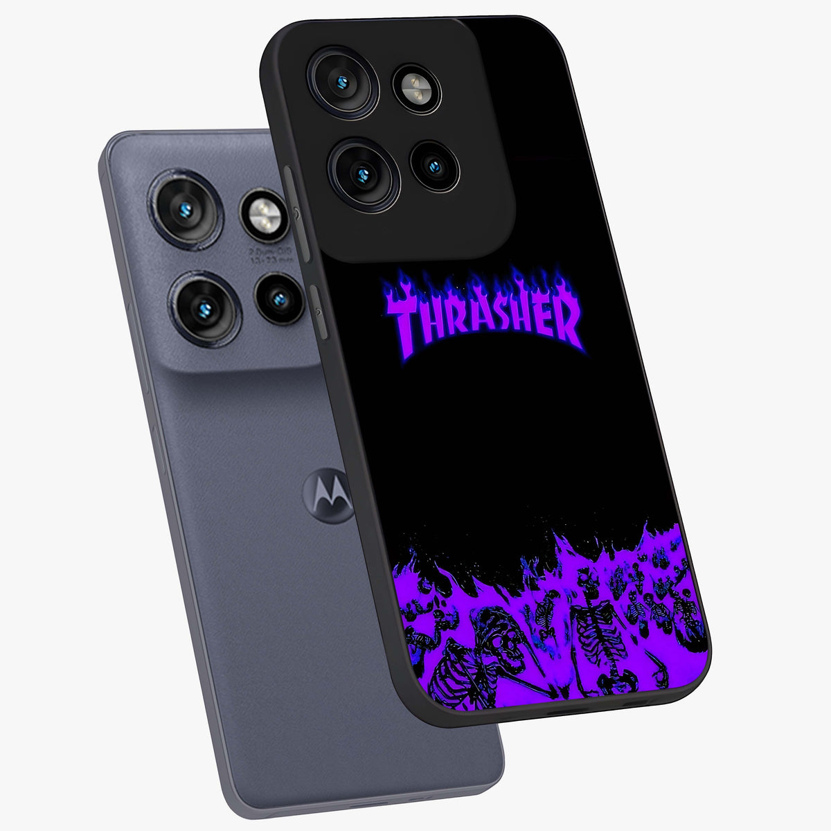 Neon Flame Riot Glass Case displayed in angled mockup highlighting glowing flame design with vibrant neon aesthetic.