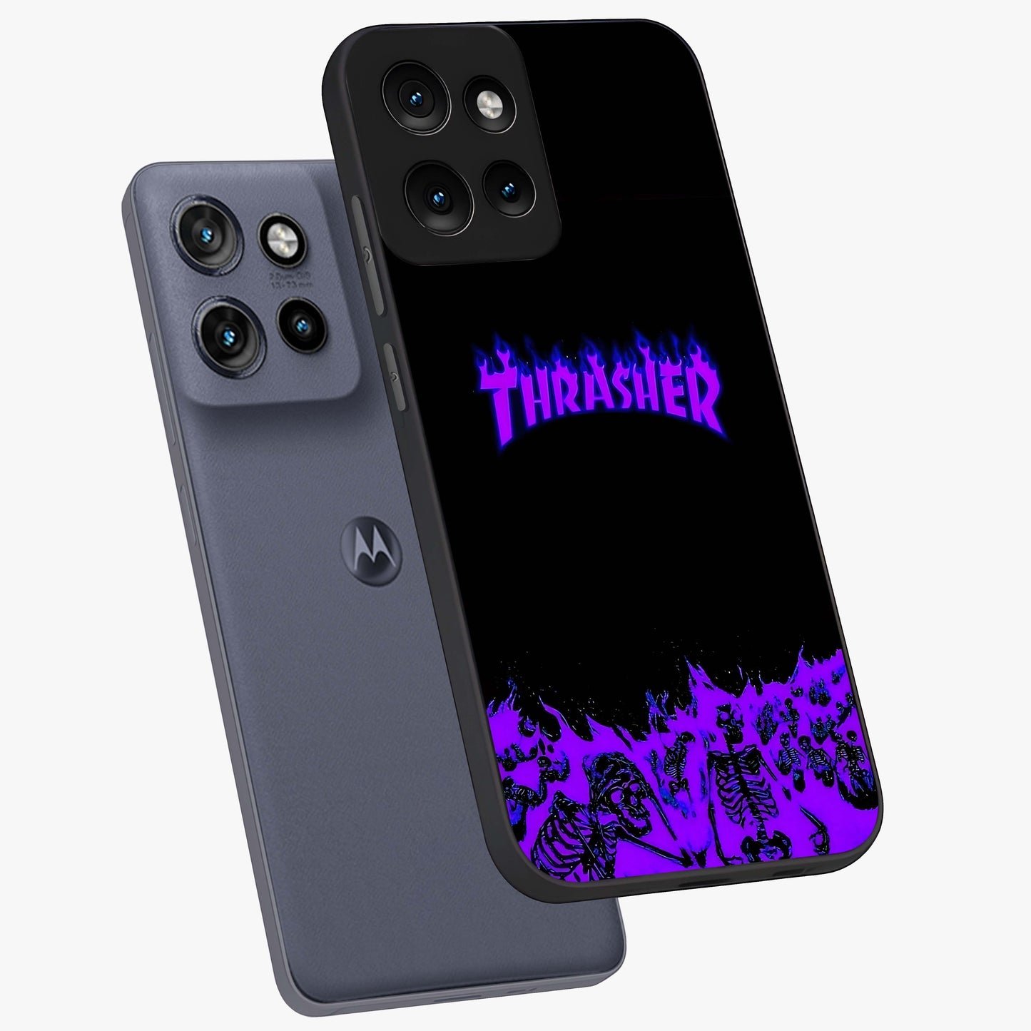 Neon Flame Riot Glass Case displayed in angled mockup highlighting glowing flame design with vibrant neon aesthetic.