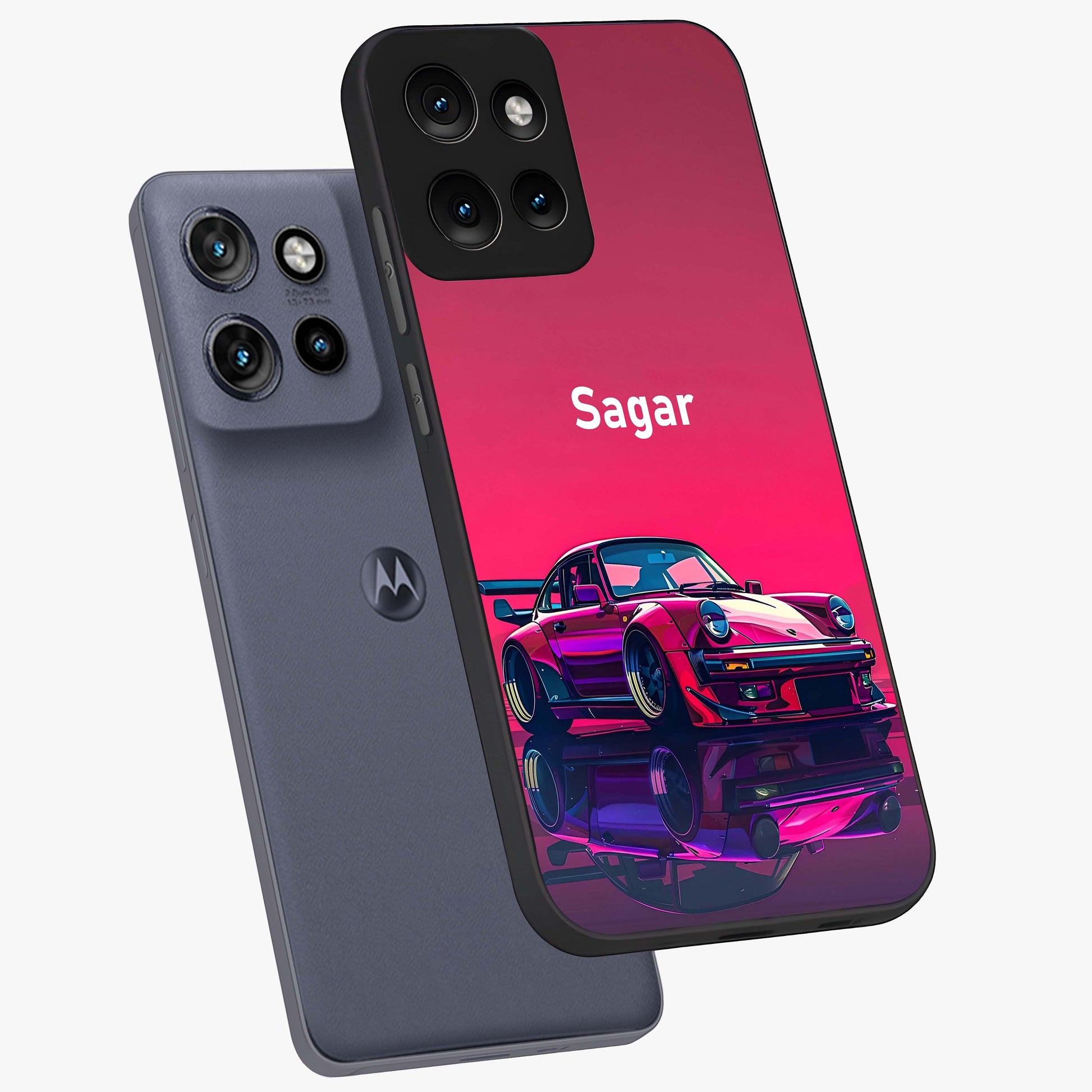 Neon Pink Porsche Glass Case displayed in angled mockup highlighting sleek neon pink car design with racing aesthetic.