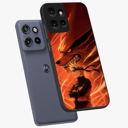 Nine Tails Legacy Glass Case displayed in angled mockup highlighting dynamic anime beast illustration with bold mystical aesthetic.