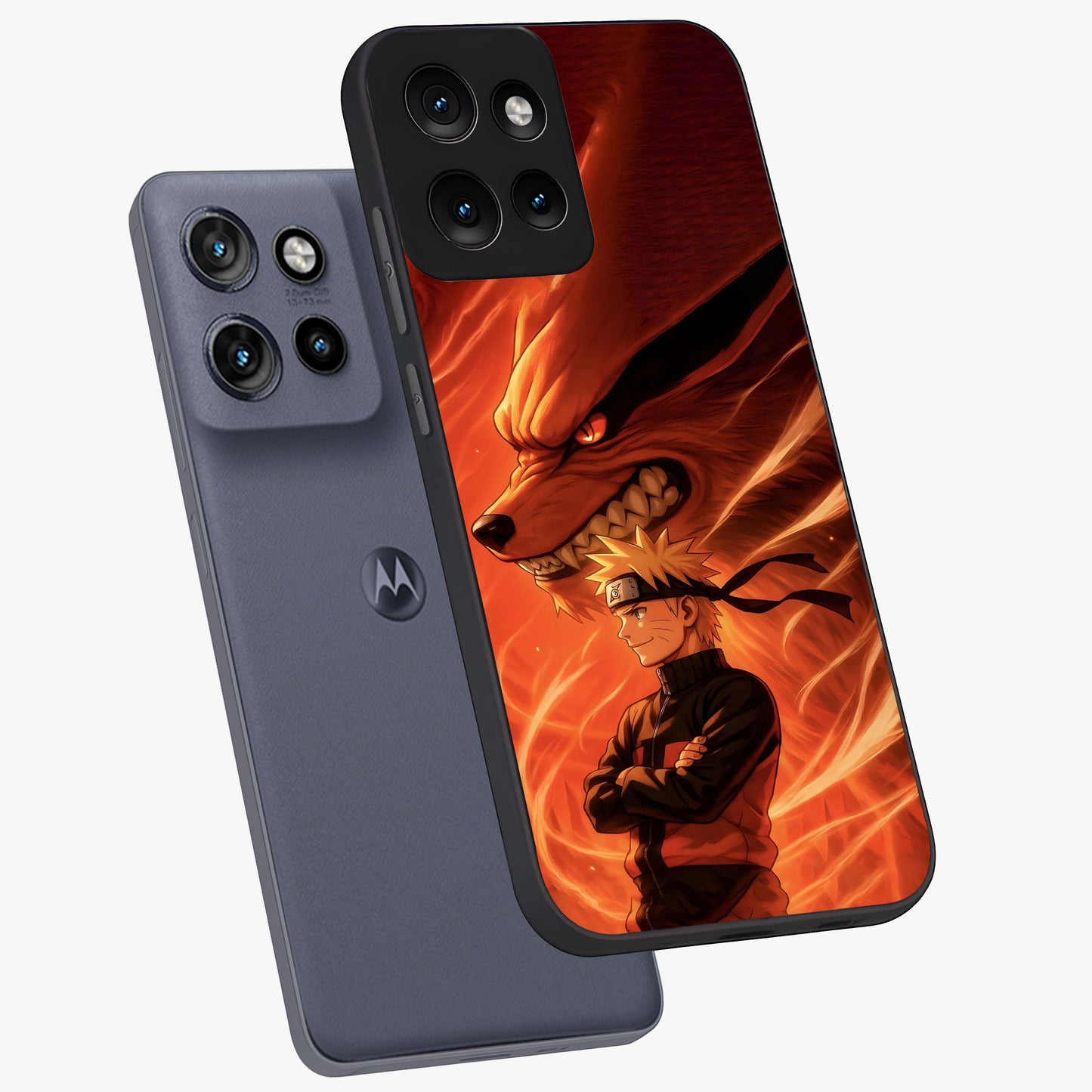 Nine Tails Legacy Glass Case displayed in angled mockup highlighting dynamic anime beast illustration with bold mystical aesthetic.