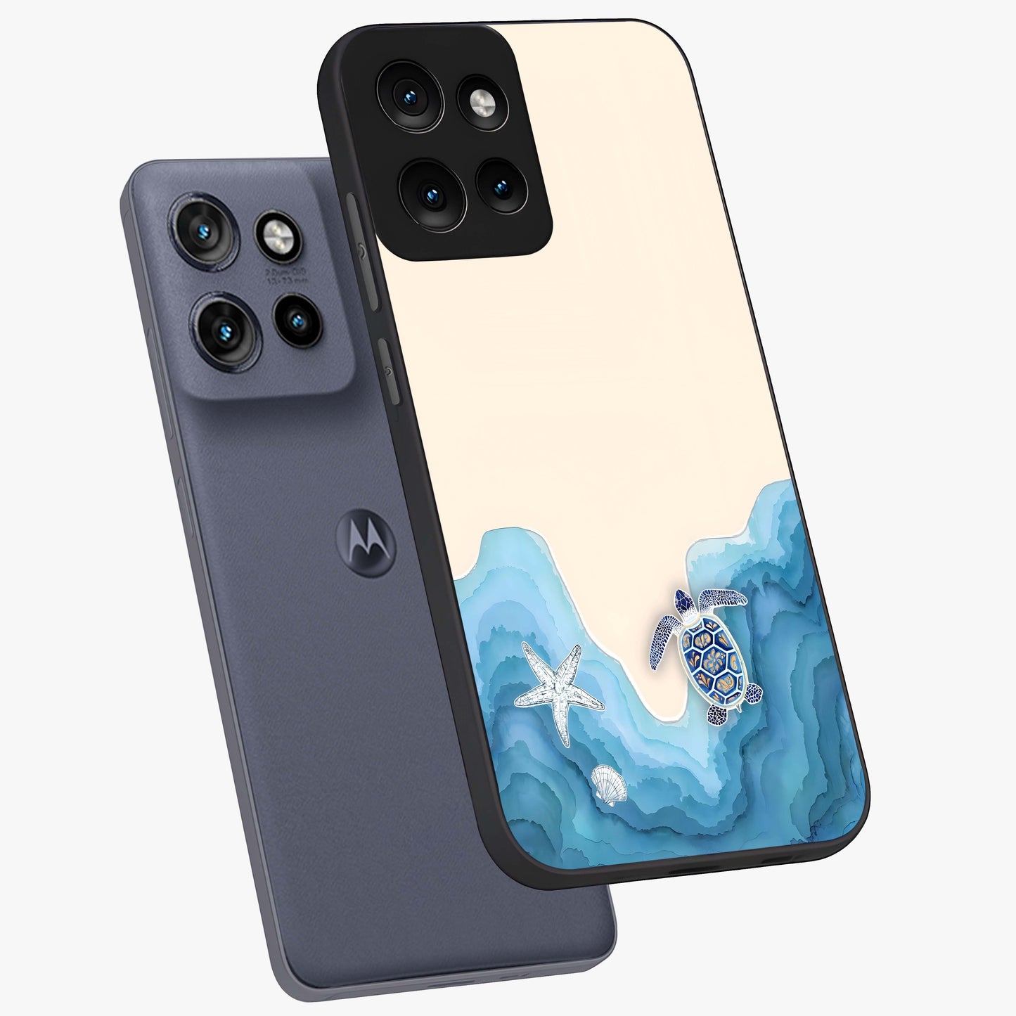Ocean Drift Turtle Glass Case displayed in angled mockup highlighting peaceful ocean turtle illustration with marine aesthetic.