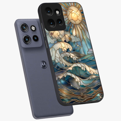 Oceanic Stained Printed Glass Case displayed in angled mockup highlighting colorful aquatic design with artistic aesthetic style.