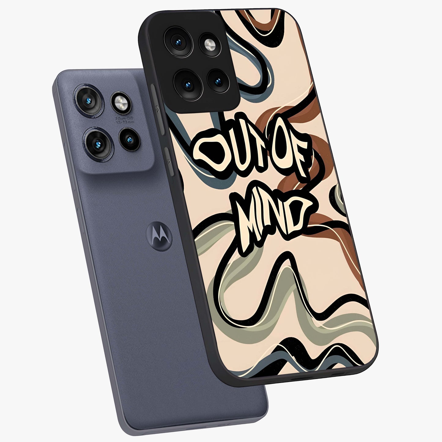 Out Of Mind Glass Case displayed in angled mockup highlighting bold statement design with modern artistic aesthetic.