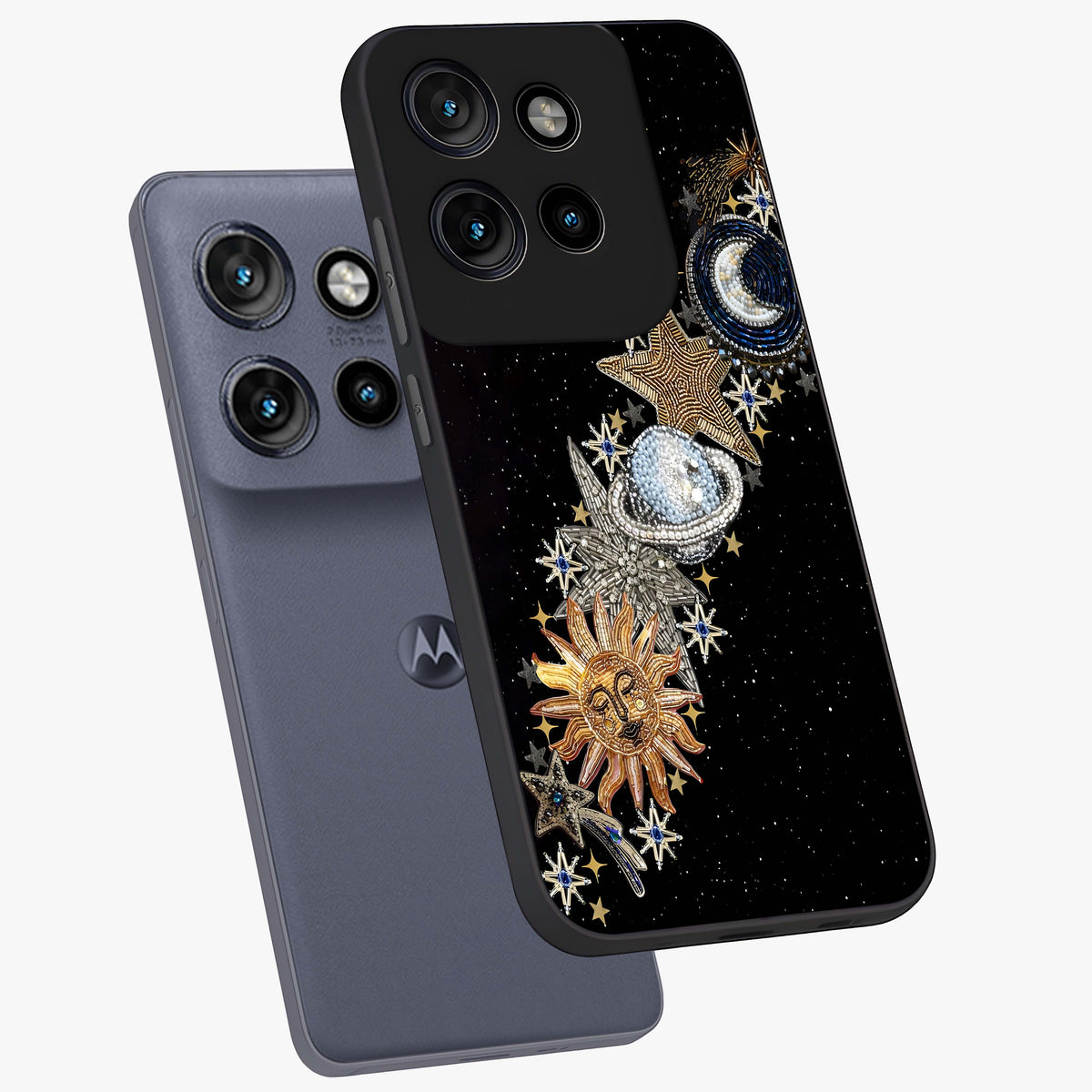 Pearls Universe Object Glass Case displayed in angled mockup highlighting celestial pearl design with dreamy aesthetic.