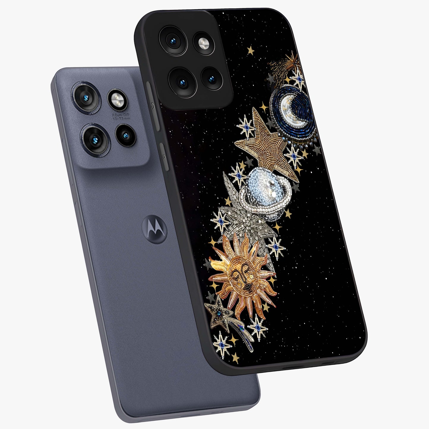 Pearls Universe Object Glass Case displayed in angled mockup highlighting celestial pearl design with dreamy aesthetic.