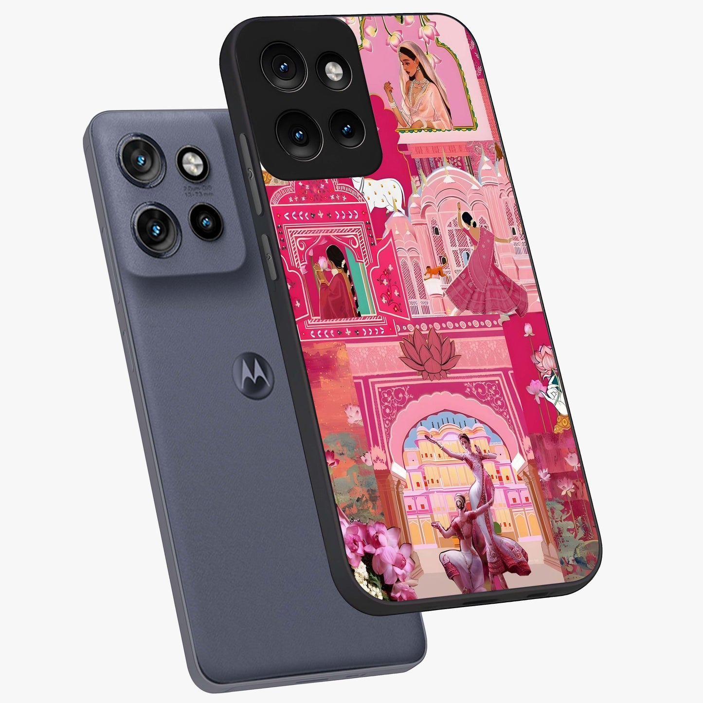 Pink Palace Muse Glass Case displayed in angled mockup highlighting dreamy palace illustration with soft pink aesthetic.