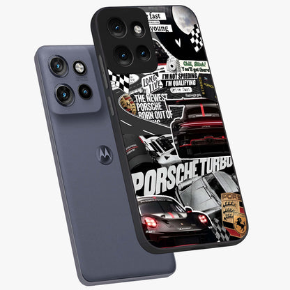 Porsche Racing Collage Glass Case displayed in angled mockup highlighting dynamic automotive design with bold racing aesthetic.