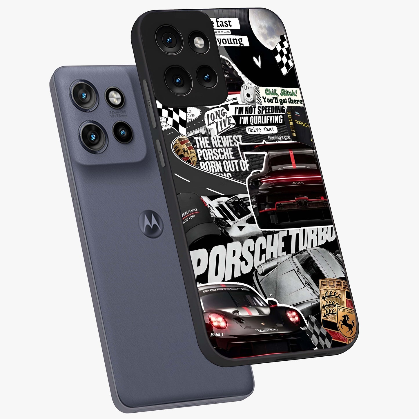 Porsche Racing Collage Glass Case displayed in angled mockup highlighting dynamic automotive design with bold racing aesthetic.