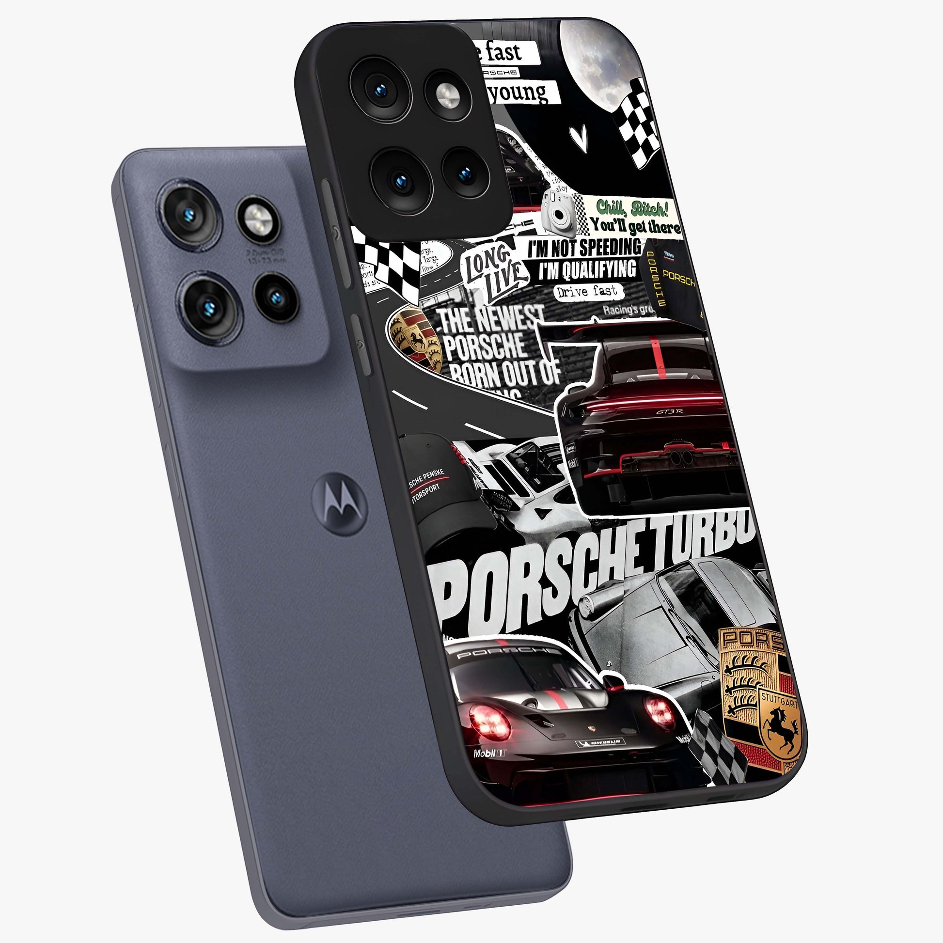 Porsche Racing Collage Glass Case displayed in angled mockup highlighting dynamic automotive design with bold racing aesthetic.