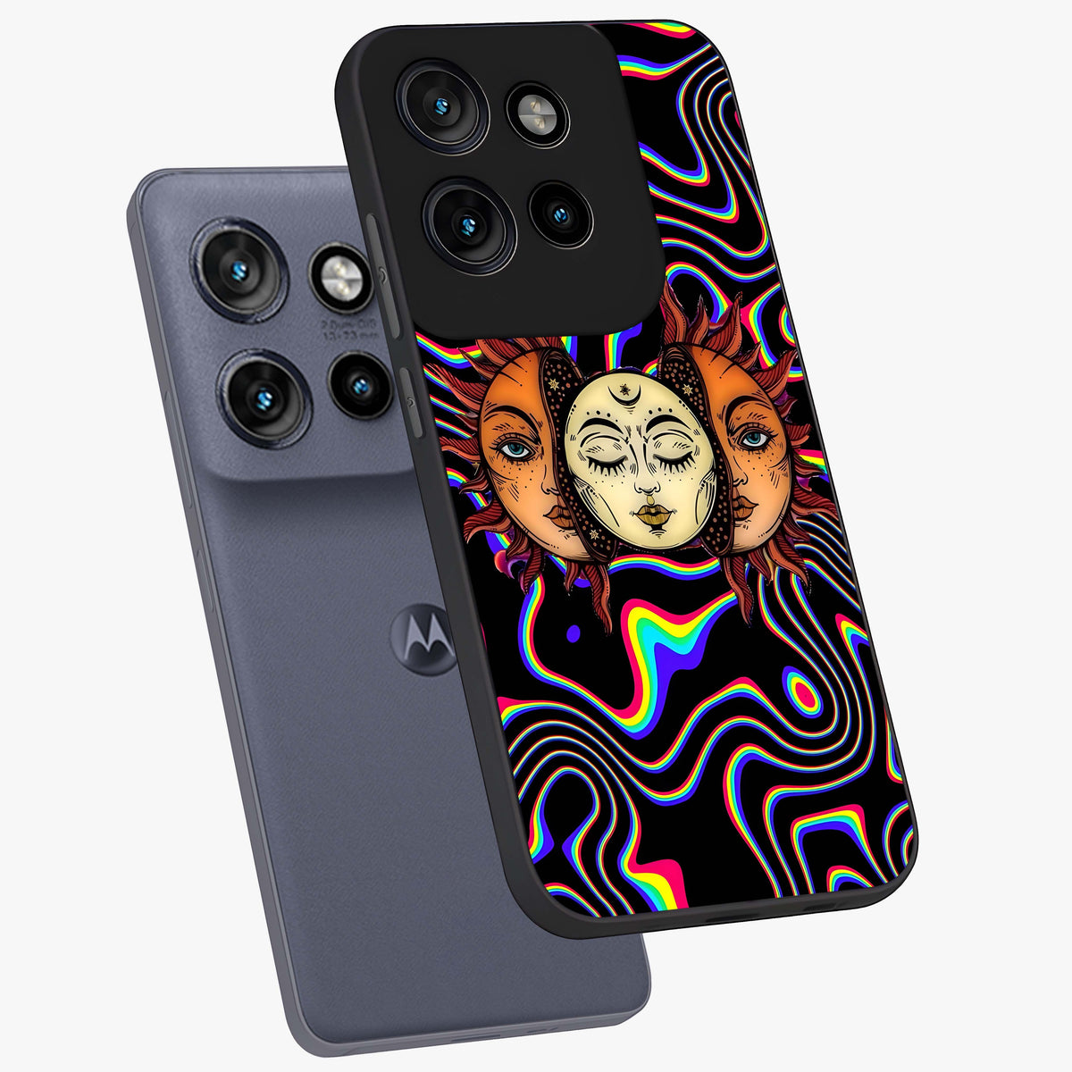 Psychedelic Sun Glass Case displayed in angled mockup highlighting vibrant abstract sun design with artistic aesthetic style.