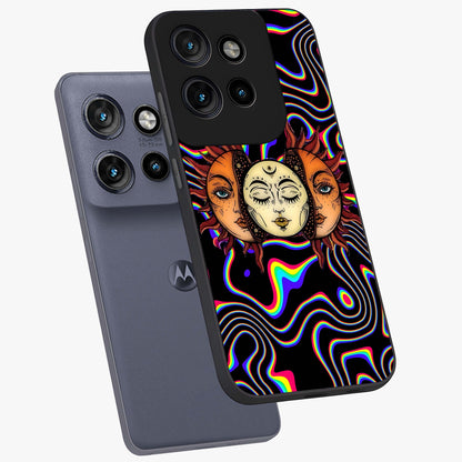 Psychedelic Sun Glass Case displayed in angled mockup highlighting vibrant abstract sun design with artistic aesthetic style.