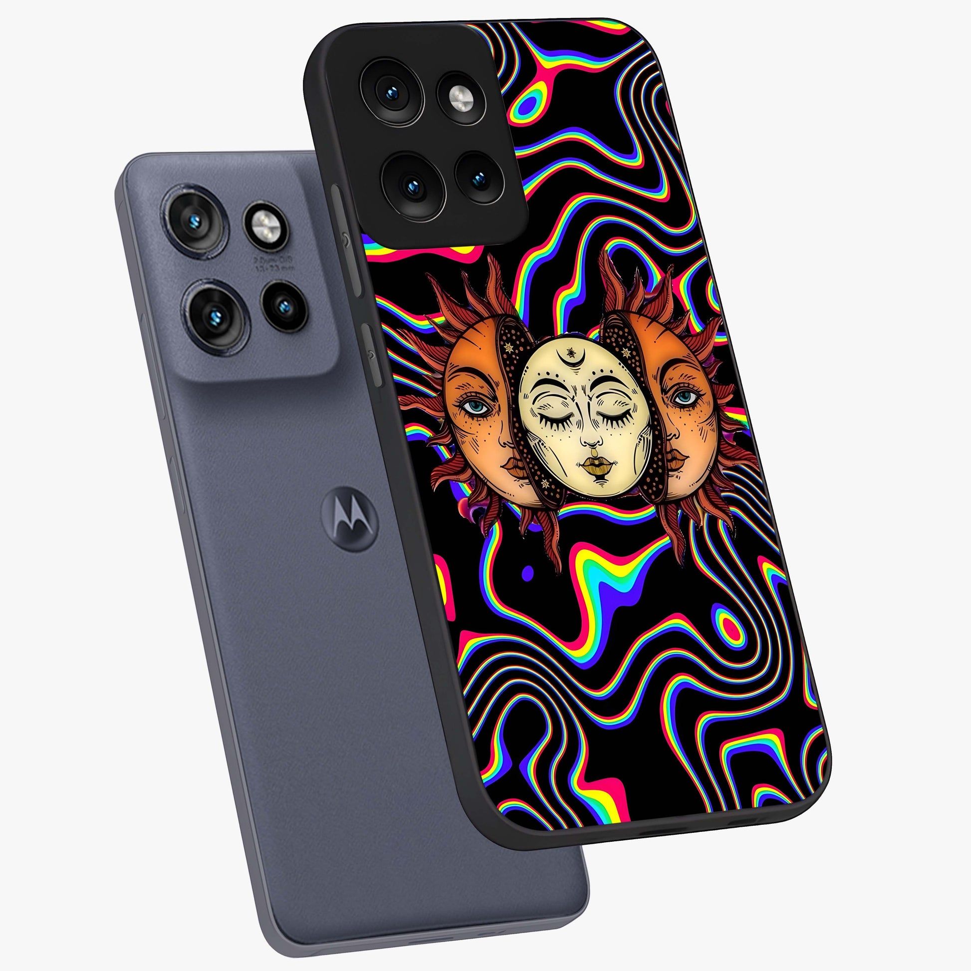 Psychedelic Sun Glass Case displayed in angled mockup highlighting vibrant abstract sun design with artistic aesthetic style.