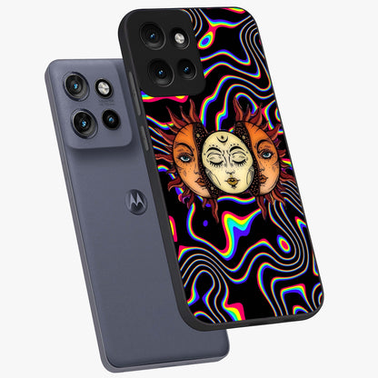 Psychedelic Sun Glass Case displayed in angled mockup highlighting vibrant abstract sun design with artistic aesthetic style.