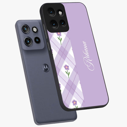 Purple Diamond Floral Glass Case displayed in angled mockup highlighting elegant purple flower design with decorative pattern.