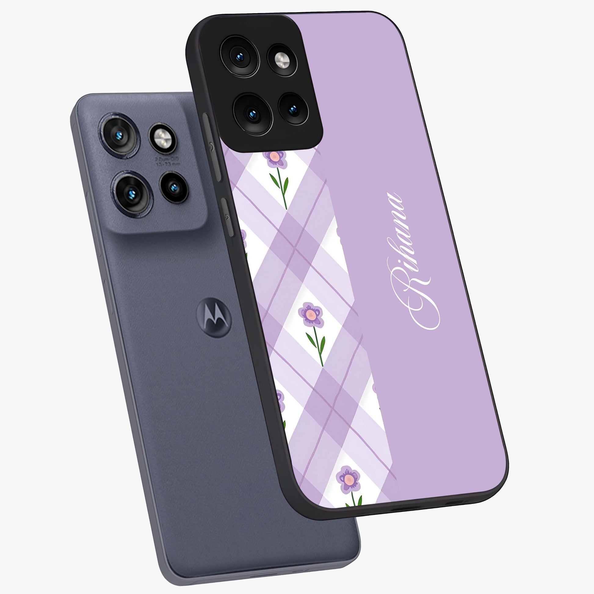 Purple Diamond Floral Glass Case displayed in angled mockup highlighting elegant purple flower design with decorative pattern.