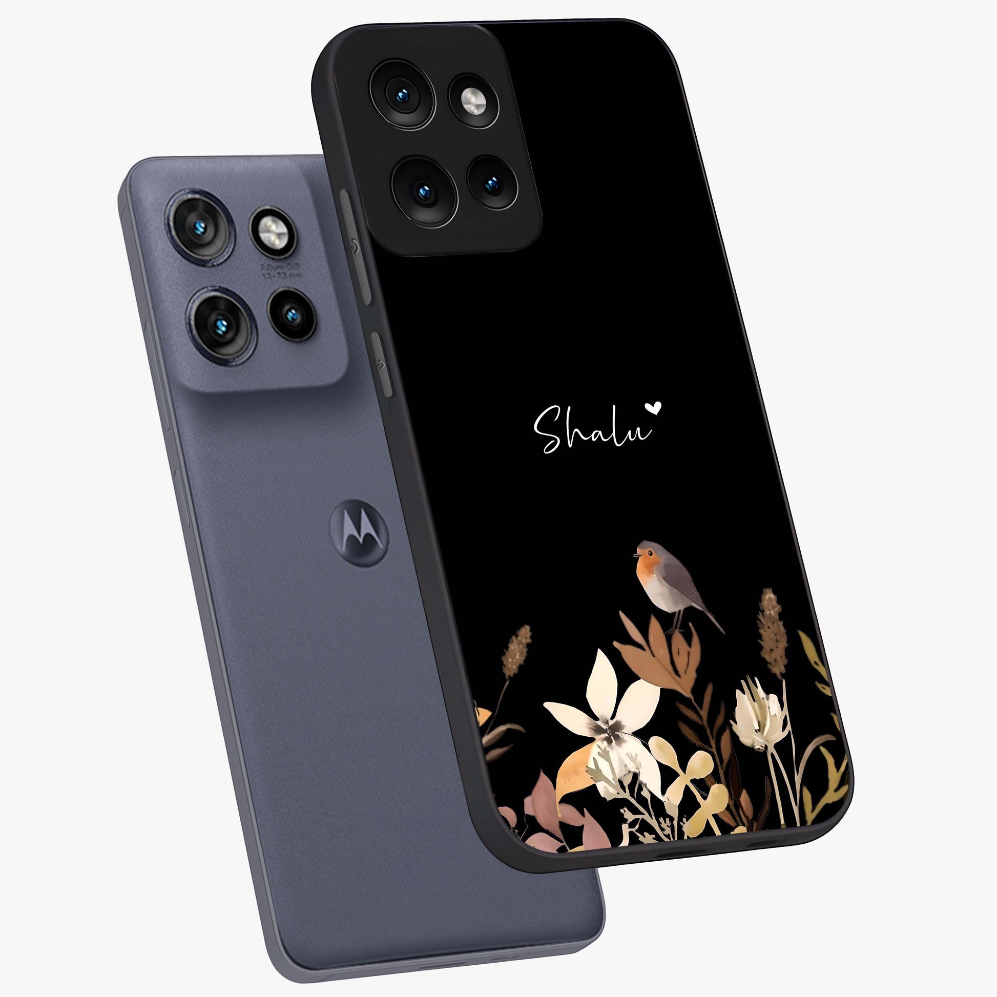 Quiet Garden Tune Custom Name Glass Case displayed in angled mockup highlighting delicate floral garden design with custom name feature.