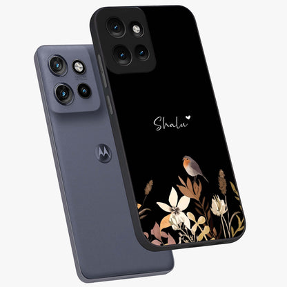 Quiet Garden Tune Custom Name Glass Case displayed in angled mockup highlighting delicate floral garden design with custom name feature.