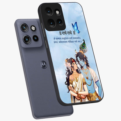 Radha Krishna Eternal Glass Case displayed in angled mockup highlighting divine Radha Krishna illustration with spiritual aesthetic.