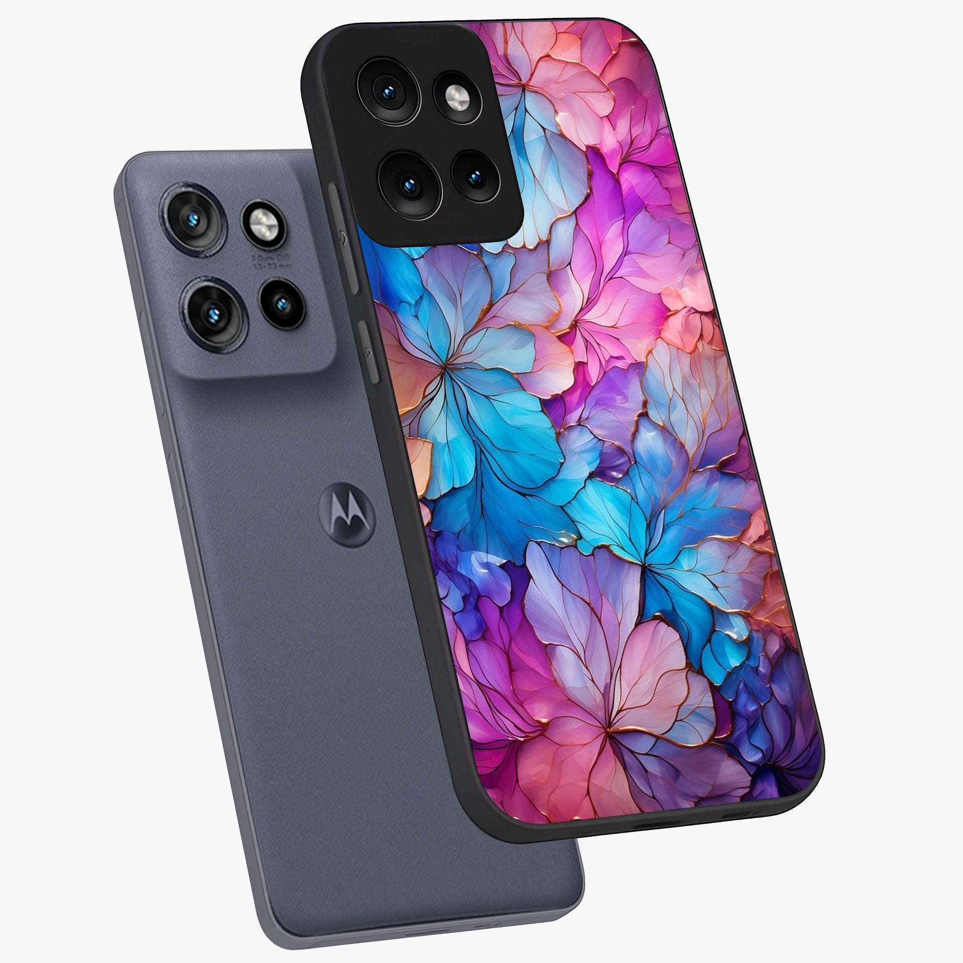 Radiant Floral Whirl Glass Case displayed in angled mockup highlighting vibrant flower pattern with dynamic artistic aesthetic.