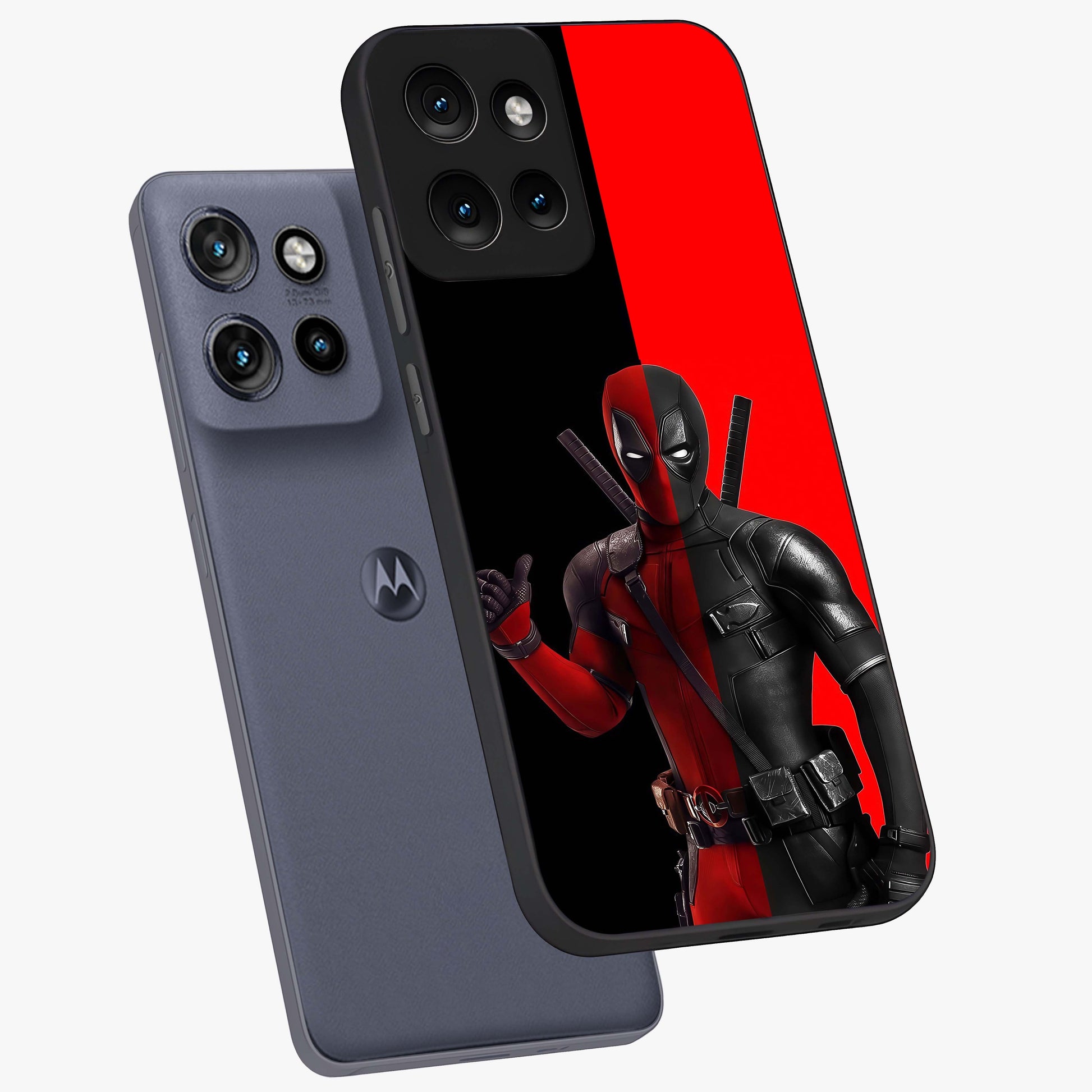 Red & Black Deadpool Theme Glass Case displayed in angled mockup highlighting vibrant superhero style illustration with action aesthetic.