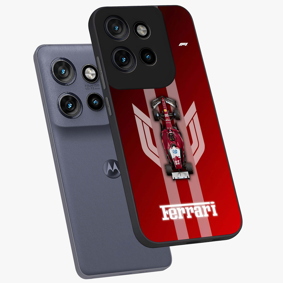 Red Ferrari F1 Vertical Glass Case displayed in angled mockup highlighting high speed racing design with bold automotive aesthetic.
