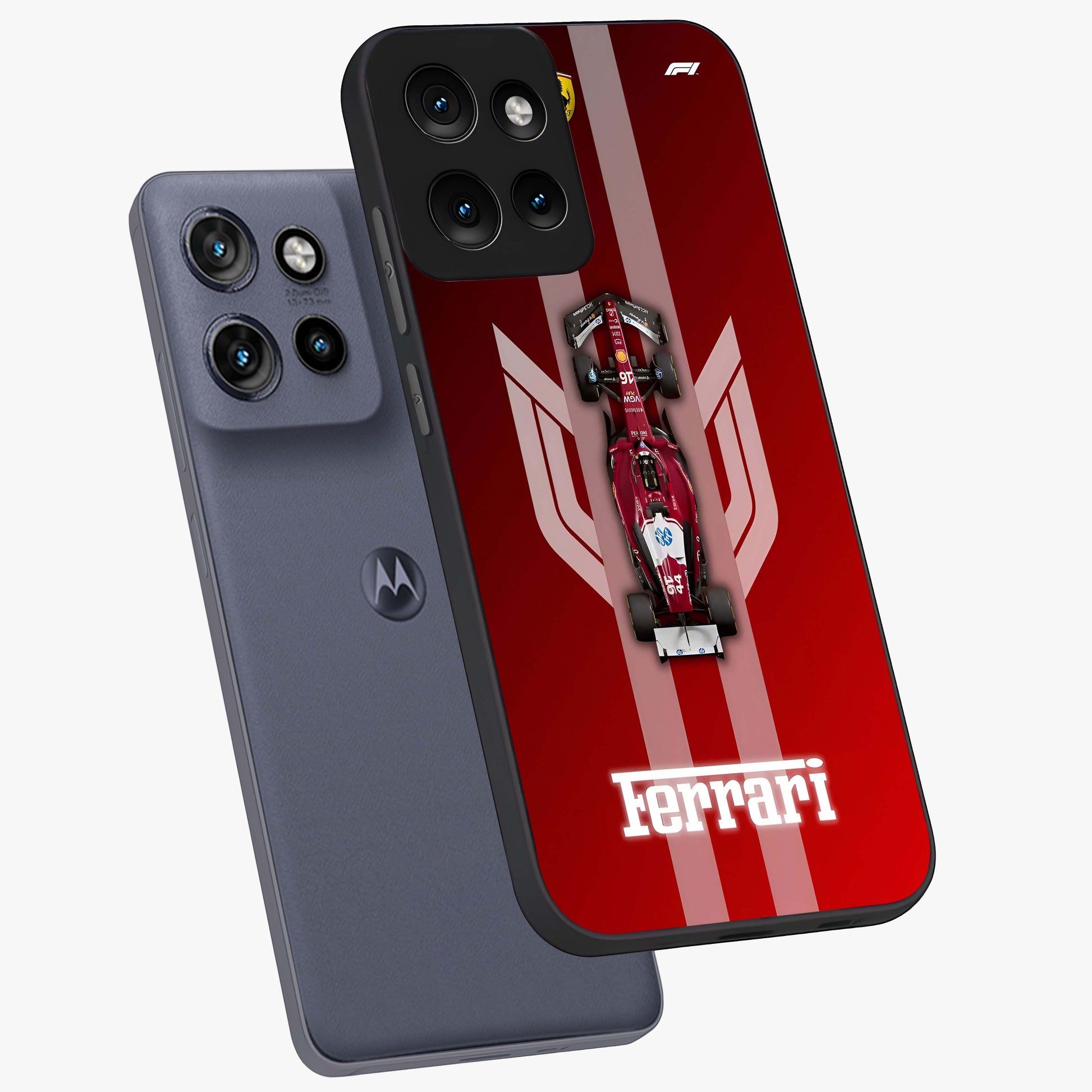 Red Ferrari F1 Vertical Glass Case displayed in angled mockup highlighting high speed racing design with bold automotive aesthetic.