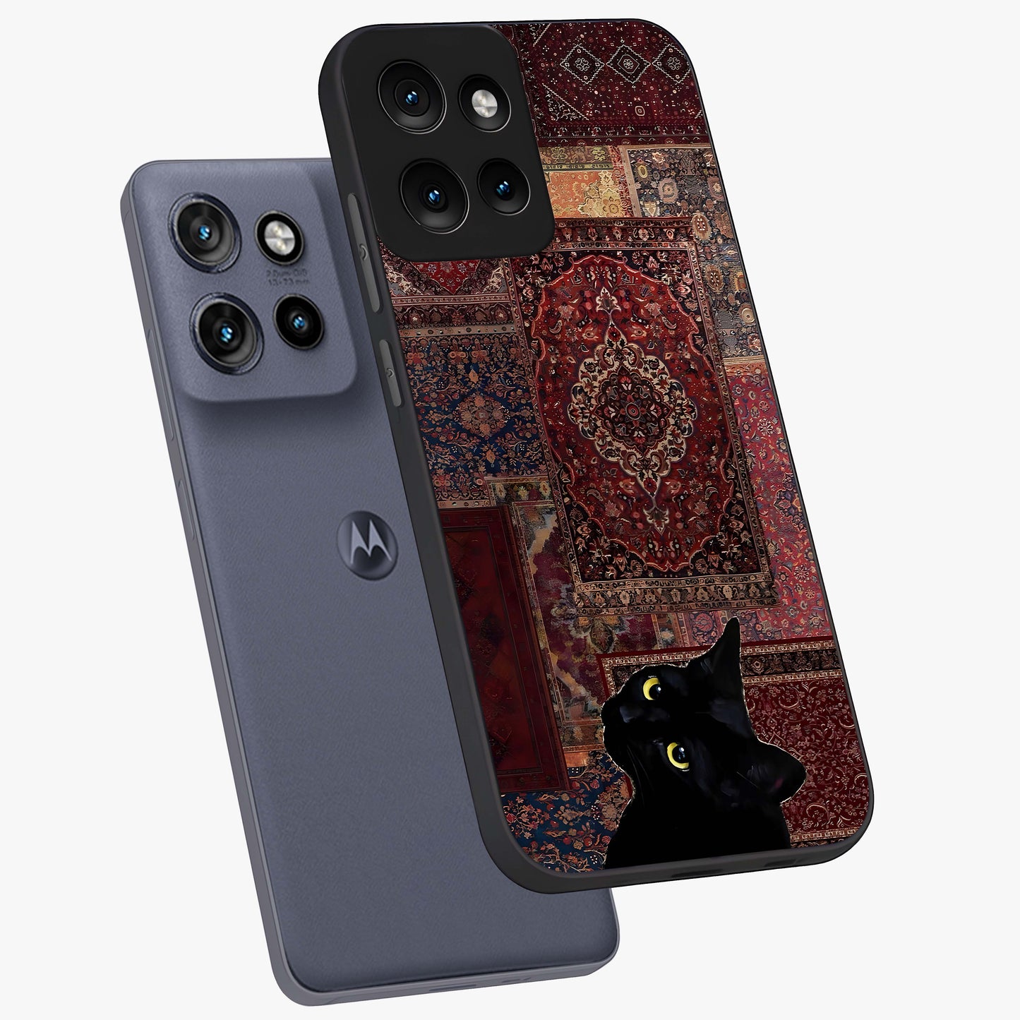 Regal Magic Cat Apple Glass Case displayed in angled mockup highlighting whimsical feline design with fantasy aesthetic.