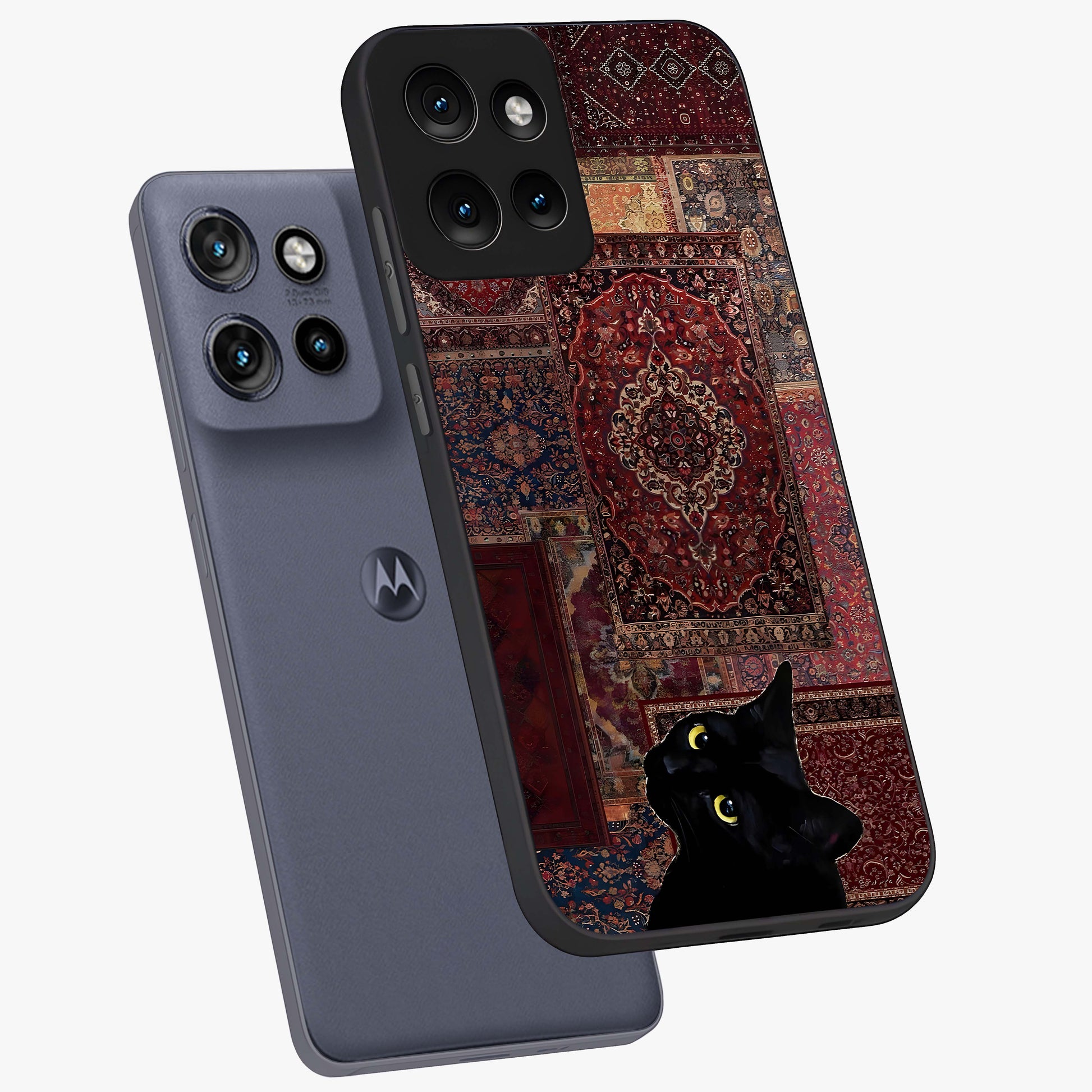 Regal Magic Cat Apple Glass Case displayed in angled mockup highlighting whimsical feline design with fantasy aesthetic.