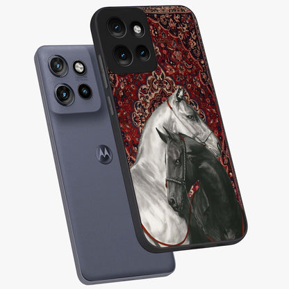 Regal Stallion Tapestry Glass Case displayed in angled mockup highlighting royal stallion design with decorative heritage aesthetic.