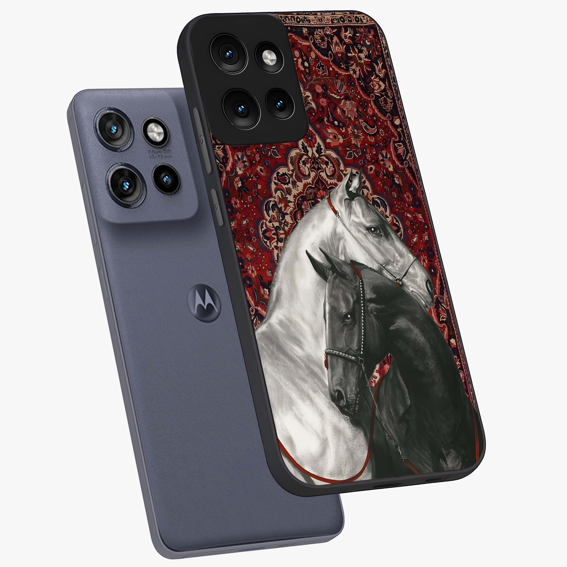 Regal Stallion Tapestry Glass Case displayed in angled mockup highlighting royal stallion design with decorative heritage aesthetic.