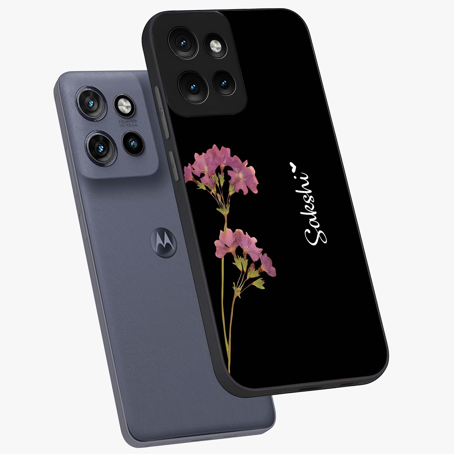 Riching Lavender Flower Custom Name Glass Case displayed in angled mockup highlighting delicate lavender flower design with custom name feature.